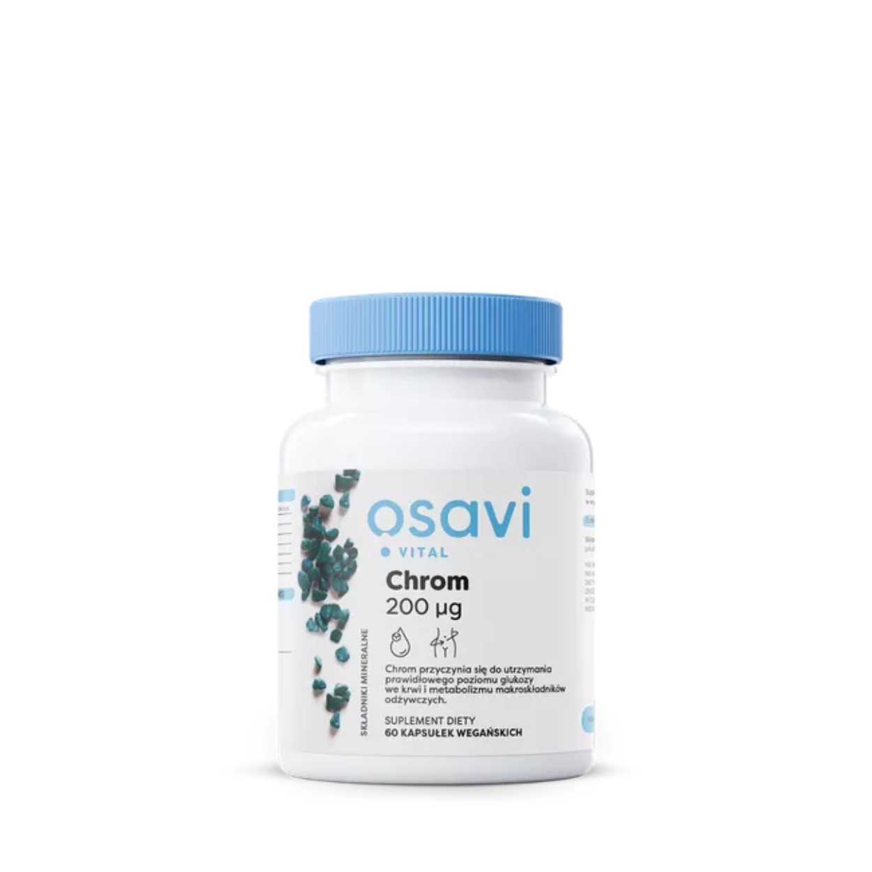 Biały pojemnik z suplementem diety Qsavi Vital Chrom 200 µg z niebieską nakrętką, 60 kapsułek wegańskich, wspierających metabolizm makroskładników odżywczych i utrzymanie prawidłowego poziomu glukozy we krwi.