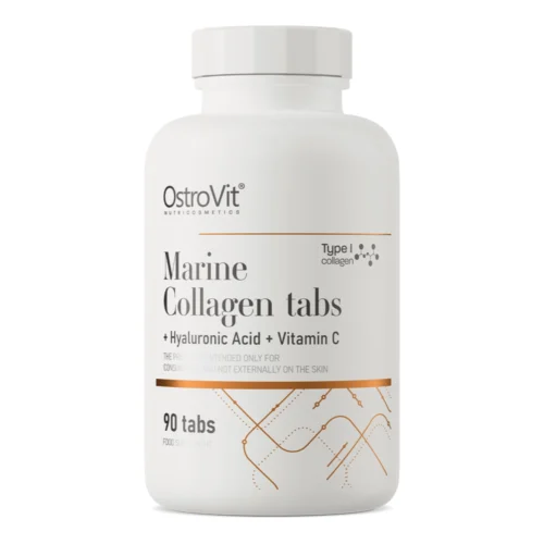 Butelka z białą etykietą OstroVit Marine Collagen tabs, zawierająca 90 tabletek z kolagenem morskim, kwasem hialuronowym i witaminą C dla zdrowia skóry i stawów.