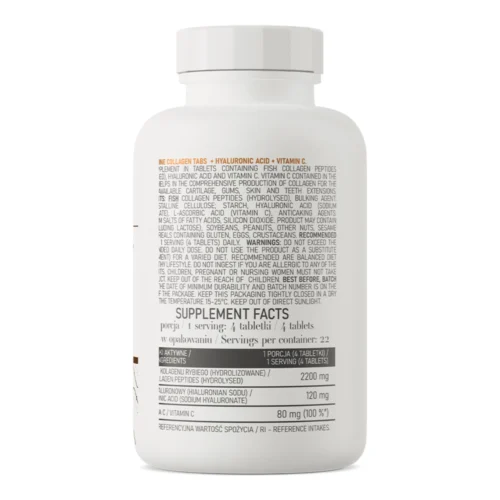 Tylna etykieta białej butelki OstroVit prezentująca informacje o składzie suplementu Marine Collagen z dodatkiem kwasu hialuronowego i witaminy C, zawierająca 90 tabletek.