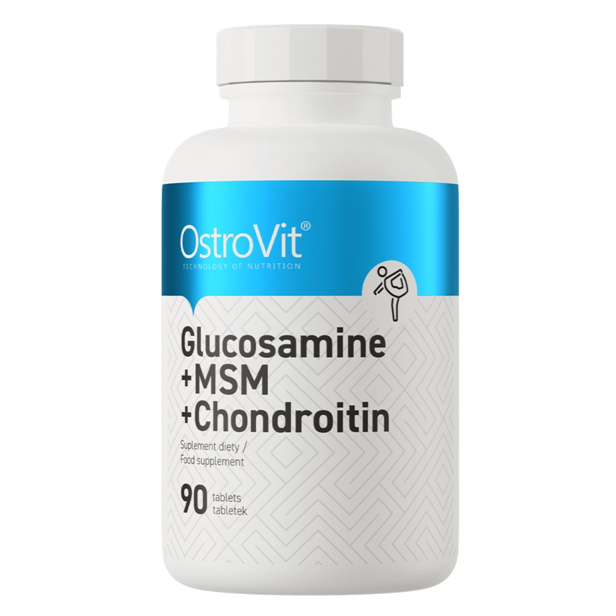 Opakowanie białe z niebieskim paskiem suplementu diety OstroVit, zawierające Glukozaminę, MSM i Chondroitynę, 90 tabletek.