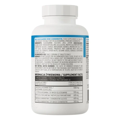 Etykieta z tyłu butelki suplementu diety OstroVit przedstawiająca informacje o składzie, dawkowaniu i wartościach odżywczych Glukozaminy, MSM i Chondroityny.