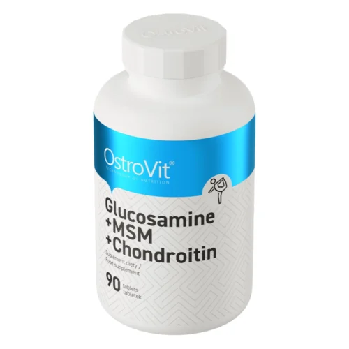 Białe opakowanie suplementu OstroVit z niebieskim paskiem, zawierające Glukozaminę, MSM i Chondroitynę, w ilości 90 tabletek.