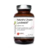 Zdjęcie butelki suplementu diety Naturalny Likopen Lycobeads® w szklanym opakowaniu z etykietą informującą o zawartości naturalnego likopenu z pomidora w postaci mikrokapsułek, o wadze netto 11,8 g zawierającej 60 kapsułek. Na etykiecie widoczne są informacje o marce i witrynie producenta kenay.com.pl.