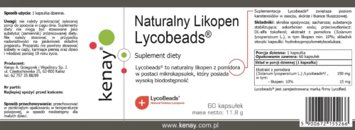 Zdjęcie pokazuje opakowanie suplementu diety Lycobeads z naturalnym likopenem z pomidorów, w słoiku z ciemnego szkła z etykietą przedstawiającą nazwę produktu, informacje o zawartości i dawkowanie oraz logotypem firmy Kenay