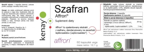 Opakowanie brązowego szkła z etykietą produktu Szafran Affron® zawierające 60 kapsułek vege, informacje o produkcie, znaki towarowe i adres strony producenta.
