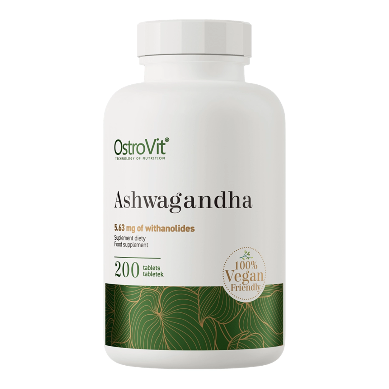 Białe opakowanie suplementu diety OstroVit Ashwagandha z zielonymi elementami graficznymi, 200 tabletek, oznaczenie "100% Vegan Friendly"