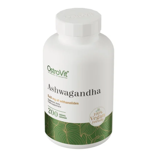 Białe opakowanie suplementu OstroVit Ashwagandha z zielonymi liśćmi w tle, informacja o zawartości 5.63 mg witanolidów, 200 tabletek, znak "100% Vegan Friendly"