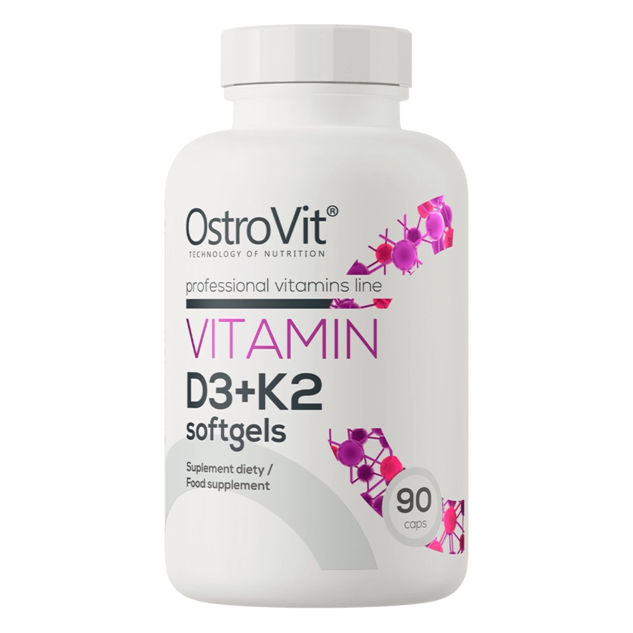 Opakowanie białe z etykietą OstroVit, suplement diety Vitamin D3+K2 w kapsułkach, 90 sztuk.