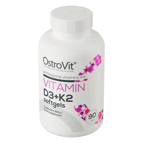 Biały pojemnik z suplementem OstroVit Vitamin D3+K2, 90 kapsułek softgels, z grafiką molekuł i logo firmy.