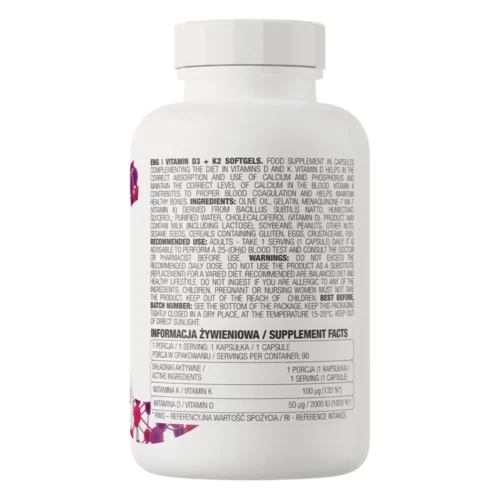 Etykieta na białym pojemniku suplementu OstroVit Vitamin D3+K2, informacje o produkcie i składnikach, tabela wartości odżywczych.