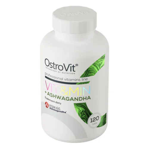 Opakowanie suplementu OstroVit VIT&MIN + Ashwagandha 120 tabletek widziane z góry