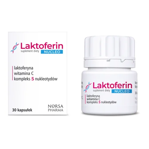 Laktoferin Nucleo – suplement diety z laktoferyną, witaminą C i kompleksem 5 nukleotydów, opakowanie i butelka, Norsa Pharma