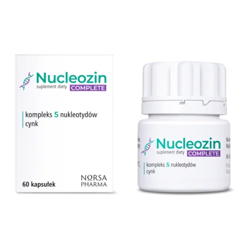 Opakowanie i butelka suplementu Nucleozin Complete – kompleks 5 nukleotydów i cynk, 60 kapsułek