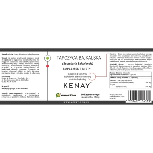 Etykieta suplementu Tarczyca Bajkalska Kenay – ekstrakt bajkaliny 85%, 60 kapsułek vege