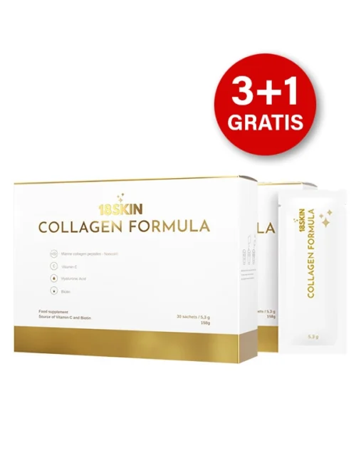 Opakowanie suplementu diety 18SKIN Collagen Formula z saszetką kolagen morski, witamina C, kwas hialuronowy i biotyna.