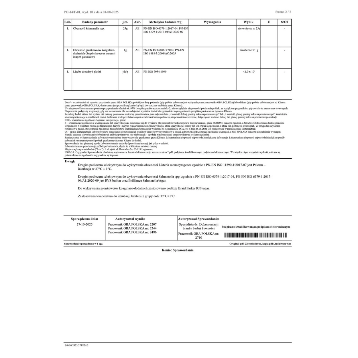 Certyfikat badań tripeptydów kolagenu rybiego 500 Da DivaLab – wyniki analiz mikrobiologicznych potwierdzające bezpieczeństwo suplementu