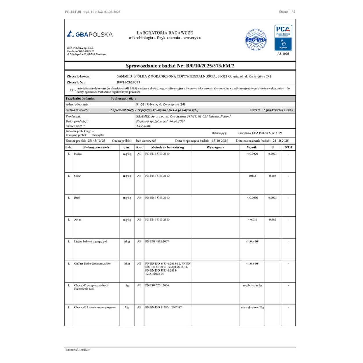 Certyfikat jakości tripeptydów kolagenu rybiego 500 Da DivaLab – raport z badań mikrobiologicznych i fizykochemicznych potwierdzający czystość produktu