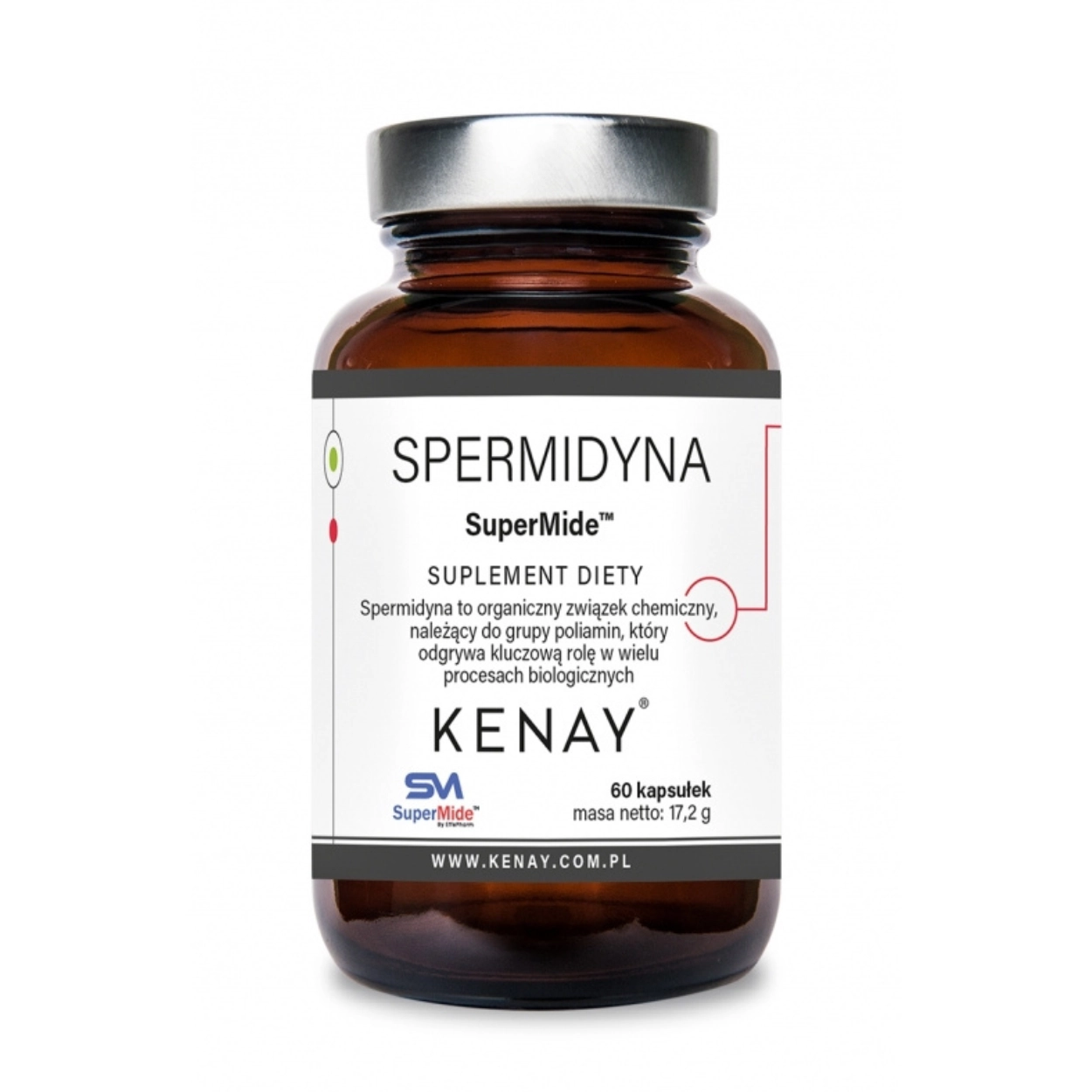 Butelka suplementu SPERMIDYNA SuperMide Kenay – 60 kapsułek, masa netto 17,2 g