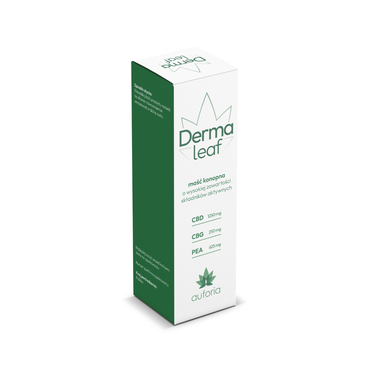 Opakowanie DermaLeaf maść konopna 50 g z CBD 1250 mg, CBG 250 mg i PEA 625 mg