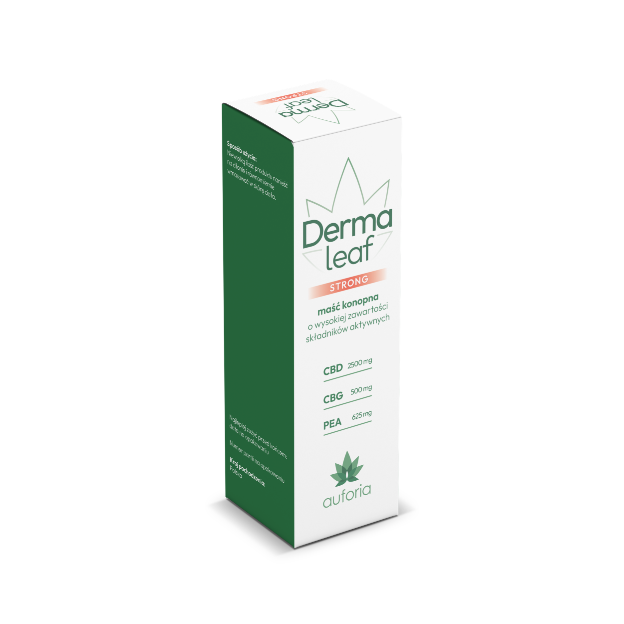 Opakowanie DermaLeaf Strong maść konopna 50 g z CBD 2500 mg, CBG 500 mg i PEA 625 mg