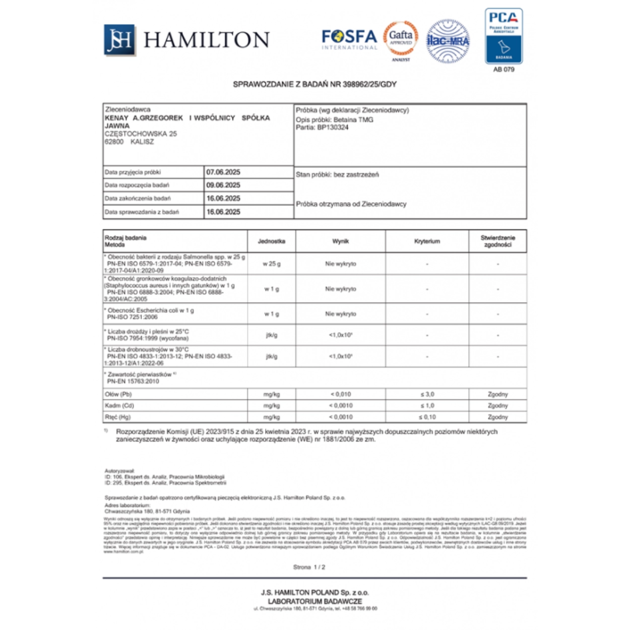 Wyniki badań laboratoryjnych Hamilton dla Kenay Betaina TMG