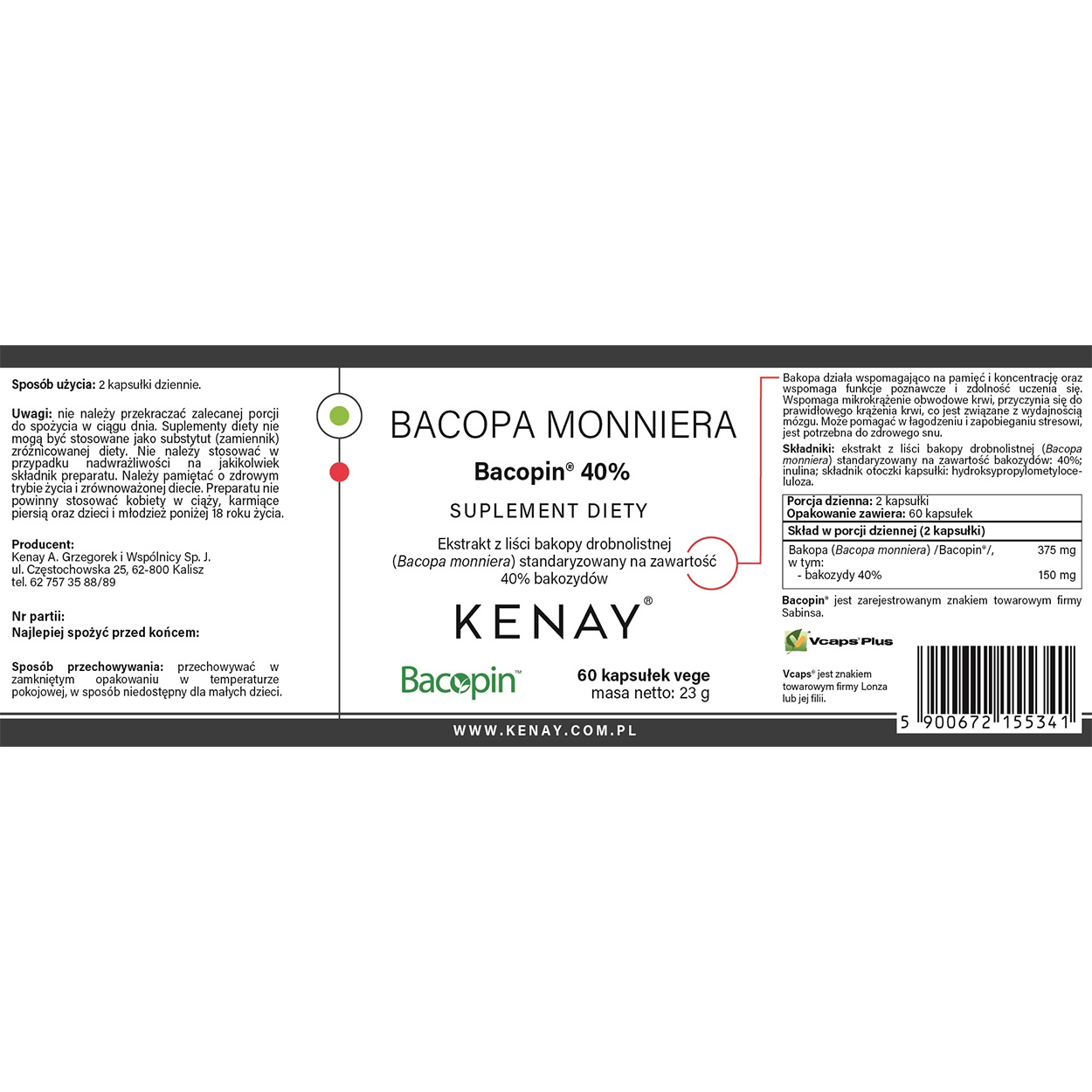 Etykieta Bacopa monniera Bacopin 40% 60 kapsułek - Kenay