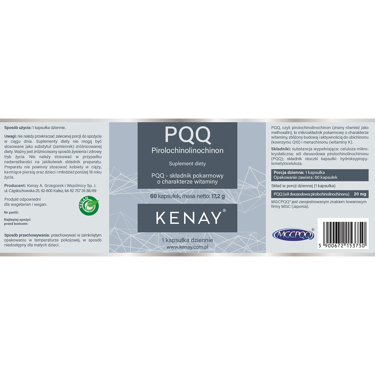 Etykieta PQQ Pirolochinolinochinon 60 kaps - Kenay